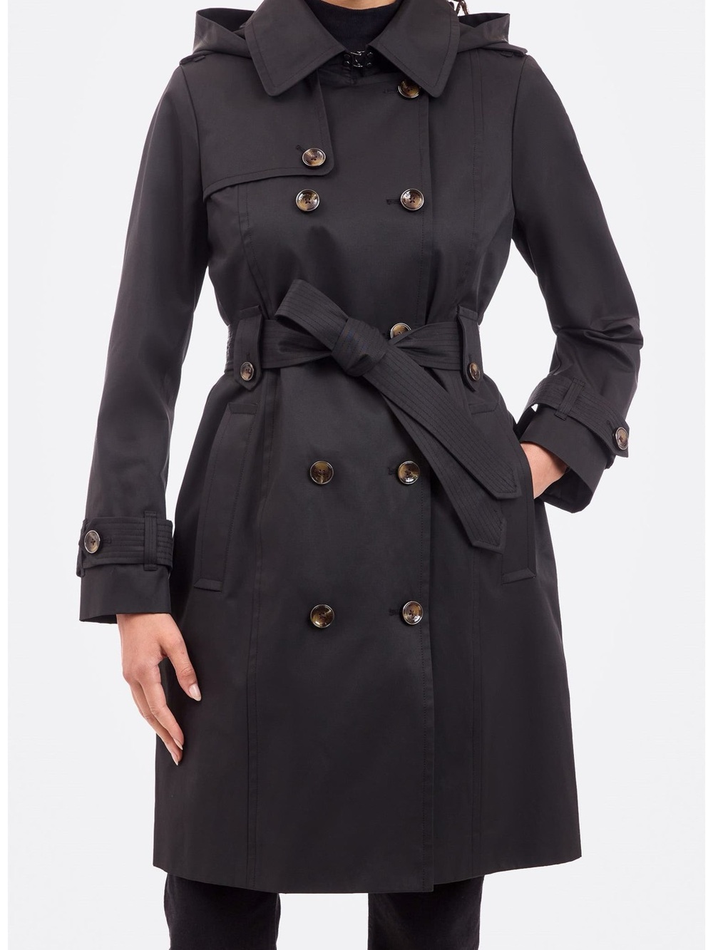 London Fog Black Double-Breasted Trench with Waist Tie